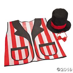 a hat, vest and tie are sitting on top of a red and white striped blanket