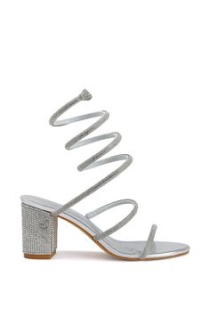 metallic silver open toe heeled sandals with a rhinestone embellished block heel and crystal embellished wrap up cords Platform Combat Boots, Block Sandals, Sandal Platform, Lace Wrap, Silver Lace, Wrap Heels, Heeled Sandal, Silver Heels, Sandals For Sale