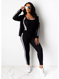 This Women's Striped Hooded Collar Three-Piece Jogging Suit is perfect for an on-the-go lifestyle! This stylish and comfortable set features a black and white striped hoodie, matching joggers, and a comfortable cropped tank. Escape the everyday and enjoy some well-deserved comfort! Color: Black, Light Blue, Light Green Size: S，M，L，XL，2XL Decoration: Striped Length: Long Wash & Care: Hand Wash, Machine Wash Neckline: Hooded Collar Sleeve Length: Long Sleeve Sleeve Type: Regular Sleeve Closure Type: Zipper Up Fabric: Polyester Fits Type: Skinny Season: Spring, Autumn Trends: Body Vibe Weight:850g Inches Size S M L XL 2XL Bust 34.65 36.22 37.80 39.37 40.94 Waist 32.28 33.86 35.43 37.01 38.58 Top Length 25.59 25.98 26.38 26.77 27.17 Sleeve 22.83 23.23 23.62 24.02 24.41 Shoulder 14.17 14.57 14. Long Sleeve Stretch Activewear For Leisure, Leisure Long Sleeve Activewear With Stretch, Leisure Long Sleeve Stretch Activewear, Sporty Leisure Sets For Winter, Stretch Long Sleeve Leisure Sets, Fitted Tracksuit For Leisure In Sportswear Style, Fitted Tracksuit For Leisure Sportswear, Fitted Athleisure Tracksuit For Leisure, Sporty Winter Sports Sets