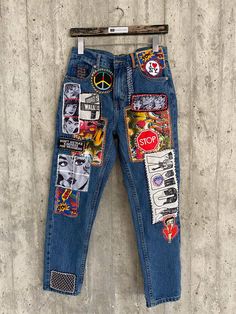 "Ready to send:size- 28 unique vintage jeans one of a kind.. hand made embroidery and unique patches. ---Or---- Made to order, in any size, within 12 working days . If you need different size, please send me a message and I will make you a special and unique design within 12 working days. They are all different! No one will have the same one as you have! Hand painted, one of kind jeans. You pick your size, model (slime- boyfriend- high waist- low waist) and primer color and you will get your sin Vintage High Waist Jeans For Streetwear, Retro High Rise Pants For Streetwear, Retro High-rise Pants For Streetwear, Blue Denim Pants With Graphic Print, Multicolor Denim Bottoms With Patches, Denim Bottoms With Patches For Streetwear, Retro Cotton Jeans With Graphic Print, Medium Wash Denim Bottoms With Graphic Print, Retro Denim Bottoms For Streetwear