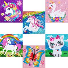 four different pictures of unicorns and cats with flowers, butterflies, and rainbows