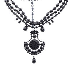 Czech jet black mourning glass choker necklace and pendant Formal Black Bead Choker Jewelry, Formal Black Beaded Choker Jewelry, Black Choker For Evening, Black Choker For Evening Wear, Formal Black Beaded Choker, Black Onyx Choker Jewelry, Black Enamel Necklace For Evening, Antique Black Necklace With Large Pendant, Black Pendant Necklace In Costume Jewelry Style