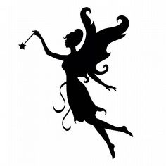 a black and white silhouette of a fairy holding a wand in her hand with stars on it