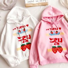 Ichigo Strawberry Milk Printed Hoodies Strawberry Hoodie, Fairy Kei Fashion, Kei Fashion, White Pleated Skirt, Japanese Sweet, Heart Hoodie, Super Kawaii, Soft Aesthetic, Strawberry Print