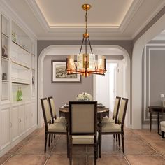 a dining room table with chairs and a chandelier hanging from it's ceiling