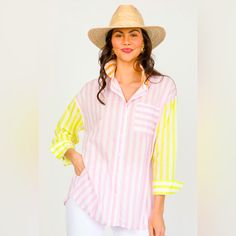 Sz - Xxl (Runs A Little Small) Pink And Golden Yellow In Color Nwt Full Button Front Color Block, Striped Yellow Beach Shirt With Button Closure, Spring Summer Shirt With Buttons, Beach Yellow Shirt With Button Closure, Summer Button-up Shirt For Spring Season, Yellow Buttoned Vacation Top, Yellow Long Sleeve Vacation Shirt, Yellow Beach Top With Buttons, Striped Shirt For Spring And Summer, Yellow Spring Beach Shirt