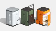 three different types of trash cans with wheels