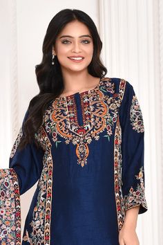 Navy blue straight kurta with multi color floral bloom embroidery. Paired with a pant and dupatta with floral embroidered border. - Aza Fashions Bloom Embroidery, Kurta Embroidery, Silk Kurta, Embroidered Border, Straight Kurta, Embroidery Floral, Kurta With Pants, Pants Pattern, Pant Set