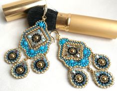 Handwoven Earrings, Gifts For Fiance, Earrings Blue, Earrings Boho, Blue Crystals, Chandelier Earrings, Boho Earrings, Crystal Beads, Gift For Her