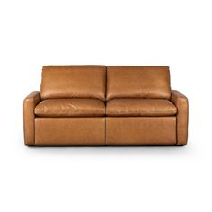 a tan leather couch with two arms and one arm facing the camera, on a white background