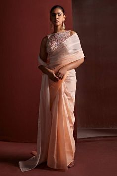 Peach pre-draped organza saree in an ombre shaded base. Comes with padded dabka embroidered blouse and petticoat. - Aza Fashions Elegant Pre-draped Saree With Sheer Dupatta In Silk Chiffon, Elegant Pre-draped Silk Chiffon Saree With Sheer Dupatta, Elegant Silk Chiffon Pre-draped Saree In Traditional Style, Elegant Silk Chiffon Pre-draped Saree, Elegant Peach Blouse Piece In Traditional Drape, Elegant Peach Blouse Piece With Traditional Drape, Elegant Traditional Pre-draped Organza Saree, Elegant Organza Pre-draped Saree For Evening, Elegant Organza Pre-draped Saree