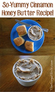 there is a bowl of honey butter and two plates with peanut butter on them that are sitting next to each other