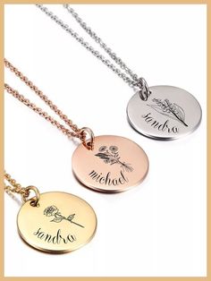 Custom Name Engraved Coin Necklace, Combined Birth Flower Necklace, Personalized Birth Flower Necklace, Mothers Day Necklace Gift, Mom Gift Each month has a flower that symbolizes the month of somebody's birth. The characteristics that the flower has may be "inherited" by whoever is born in that certain month person. The birth month flower necklaces are a great gift for your loved ones. Choose the flowers for your loved ones and we will create a bouquet necklace for you or gift it to someone. Fl Personalized Round Flower Charm Necklace, Flower Shaped Necklaces For Mother's Day Jewelry Making, Personalized Flower Charm Round Pendant Necklace, Customized Silver Necklace With Flower Pendant, Personalized Pendant Necklace With Flower Charm, Customized Silver Flower Pendant Necklace, Mothers Day Necklace, Flower Necklaces, Birth Flower Necklace