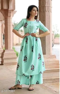 Kurta palazzoo set Normal Kurti Designs, Normal Kurti, Cotton Anarkali Kurta, Design Kurta, Kurti With Palazzo, Kurta With Palazzo, Cotton Anarkali, Silk Kurti