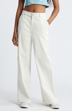 Utility-inspired pockets add a vintage-meets-modern vibe to high-rise, full-length wide-leg pants made from sun-faded stretch twill. 32" inseam; 22" leg opening; 12" front rise; 15" back rise (size 8) Zip fly with button closure Front slant pockets; back patch pockets 97% cotton, 3% spandex Machine wash, tumble dry Imported Not available for sale and shipment to Germany Wide Leg Twill Pants, Workwear Fashion, Twill Pants, Modern Vibe, White Pants, Size 00, Bottoms Pants, Leg Pants, Wide Leg Pants