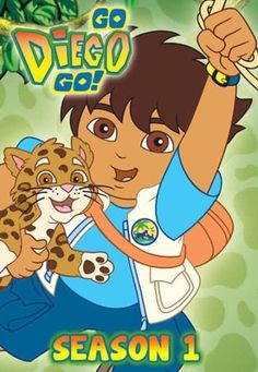 the cartoon character diego go is holding a small cat in his hand and smiling at the camera