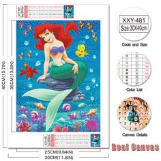 the mermaid cross stitch kit is shown with its measurements and instructions to make it look like she