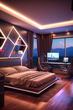 The 'Geometric Haven' takes futuristic bedroom design to another level. Featuring a dual-monitor computer setup on a sleek L-shaped desk and a Smart TV housed in a built-in wall unit, the room is a geometric wonderland. Design Ložnic, Black Bedroom Decor, Real Estat, 3d Interior Design, Black Bedroom, Kitchen Farmhouse