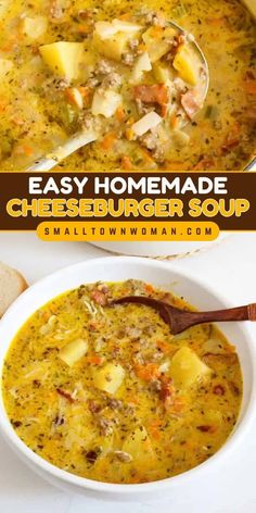 a bowl of homemade cheeseburger soup with bread on the side and text overlay that reads easy homemade cheeseburger soup