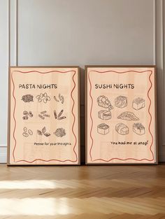 two wooden signs with sushi nights written on them in front of a white wall