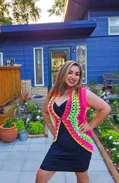 This was made with acrylic yarn. It can fit up to a US Women's size Large. Model is 5'1, 130lbs. Multicolor Knit Vest For Spring, Summer Multicolor V-neck Sweater Vest, Fitted Multicolor Knit Sweater Vest, Fitted Multicolor Beach Vest, Fitted Multicolor Knit Vest, Neon Boho, Boho Vest, Broken Arrow, Vest Outfits