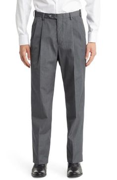 A clean flat-front cut styles sharp trousers fashioned from cotton-kissed poplin and fitted with a self-sizer waistband to ensure a custom fit. 37" inseam; 18" leg opening; 10 1/2" front rise 65% polyester, 35% cotton Machine wash, tumble dry Imported Fitted Full Length Chinos For Business Casual, Fitted Chinos For Spring Business Wear, Fitted Cotton Bottoms With Straight Hem, Formal Full-length Chinos For Spring, Fitted Chinos For Spring Semi-formal, Fitted Chinos For Semi-formal Spring Occasions, Fitted Chinos For Semi-formal Spring Events, Elegant Cotton Bottoms With Straight Hem, Fitted Chinos With Welt Pockets For Business Casual