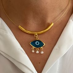 Inspired by history, Istanbul Necklace feature the ancient and protective symbol of the evil eye. Materials: Glass Evil Eye Charm, Real Pearls, 24K Gold Plated Tube and 14K Gold Filled pins and rings. Glass Evil Eye, Set Earrings, Real Pearls, Evil Eye Charm, Eye Necklace, Earring Necklace, Evil Eye, Ring Sets, Ring Earrings