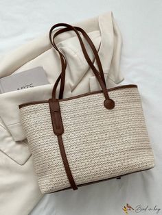 BirdinBag - Letter Print Straw Tote: Spacious, Stylish Vacation Bag with Ample Storage Casual Beige Satchel With Double Handle, Cream Casual Satchel Bucket Bag, Casual Cream Tote Shoulder Bag, Casual White Hobo Bag With Double Handle, Casual Cream Satchel Bucket Bag, Casual Brown Canvas Shopping Bag, Casual Satchel Bag For Shopping, Casual Cream Shoulder Bag With Braided Handles, Casual Beige Tote Satchel