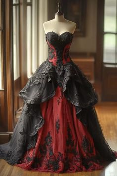 Gothic Victorian Prom Dress Black Red Corset Applique Lace Ruffles Medieval.  "This pin contains affiliate links, which means I may earn a commission at no cost to you extra for you". 
 #affiliate #advertising" Goth Prom Dress Corsets, Vampire Quince, Goth Ball Gown, Victorian Prom Dress, Victorian Prom, Crochet With Wire, Instagram Vs Reality, Fitness Blogs, Prom Dress Black