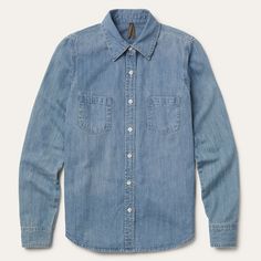 Blue Unstructured Washed Shirt In Medium Wash, Classic Washed Denim Top, Classic Washed Denim Top For Everyday, Everyday Washed Blue Button-up Denim Top, Medium Wash Chambray Shirt, Unstructured Denim Shirt In Medium Wash, Classic Light Wash Relaxed Fit Denim Jacket, Everyday Washed Blue Shirt, Everyday Washed Blue Denim Top