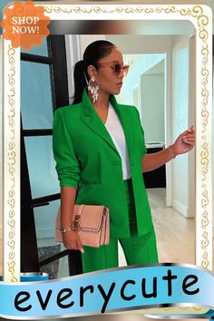 Solid Color Office Lady Blazer Two Piece Shorts Suit Chic Green Solid Color Sets, Solid Color Office Sets For Spring, Summer Office Solid Color Sets, Solid Color Office Sets For Summer, Summer Office Sets In Solid Color, Elegant Green Sets With Pockets, Green Workwear Sets With Pockets, Summer Green Office Blazer, Green Summer Office Blazer