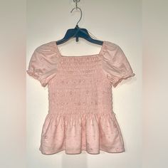 New Peach Colored Baby Doll Top Sweet Fitted Tops For Spring, Cute Pink Puff Sleeve Tops, Cute Solid Puff Sleeve Tops, Cute Solid Color Tops With Puff Sleeves, Cute Solid Color Puff Sleeve Tops, Cute Pink Short Sleeve Blouse, Cute Ruffled Puff Sleeve Tops, Sweet Ruffled Short Sleeve Tops, Girls Tunic Tops