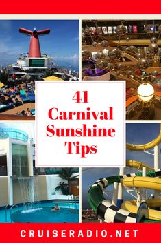 four pictures with the words, 4 carnival sunshine tips on them and an image of water slides