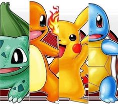 three different colored pokemons standing next to each other