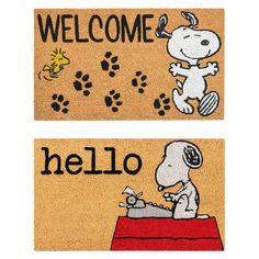 two doormats with snoopy and his dog on them, one has the words welcome