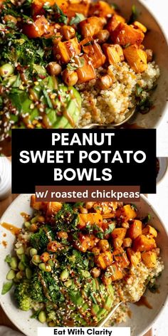 two bowls filled with sweet potato and broccoli on top of each other next to the words, peanut sweet potato bowl