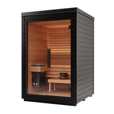 an indoor saunat with the door open to show it's inside and outside