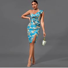 Adorable New With Tag. Size Large Additional Measurements Coming Soon Smoking Free Home Ships Same Or Next Day Midi Bodycon Dress, Bodycon Midi, Midi Dress Bodycon, Dress First, No Frills, Blue Gold, New Dress, Coming Soon, One Shoulder