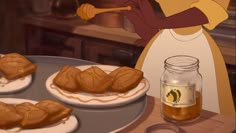 an animated woman standing in front of plates of food and a jar of peanut butter