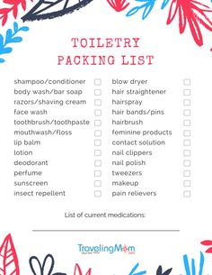 the travel packing list is shown in red, white and blue flowers on a white background