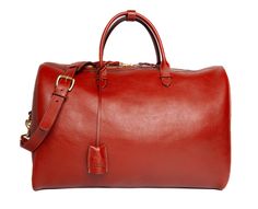 Saddle Tan Designer Leather Duffle Bag With Large Capacity, Designer Travel Duffle Bag Satchel, Luxury Cognac Duffle Bag For Everyday, Luxury Everyday Cognac Duffle Bag, Luxury Leather-backed Tote Weekender Bag, Designer Weekender Bag With Luggage Sleeve, Luxury Travel Tote Bag With Smooth Grain, Luxury Smooth Grain Tote Travel Bag, Classic Top Handle Duffle Bag For Travel