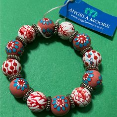 Nwt Angela Moore Red Blue White Bracelet Red Summer Bracelet Jewelry, Red Bracelet Jewelry For Summer, Handmade Red Bracelets For Spring, Handmade Red Jewelry For Spring, Bohemian Blue Beaded Bracelets For Spring, Summer Stretch Bracelet As Gift, Red Bohemian Jewelry For Spring, Red Bracelet With Colorful Beads For Summer, Red Round Beads Bracelets For Summer