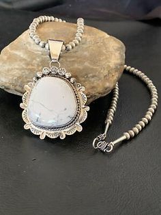 (eBay) WoMen Navajo N Am Sterling Silver White Buffalo Turquoise Necklace Pendant 11684 Southwestern Style White Turquoise Necklace As Gift, Southwestern White Turquoise Necklace Gift, Southwestern Style White Turquoise Necklace Gift, White Southwestern Turquoise Necklace Gift, White Buffalo Turquoise Jewelry, Rodeo Jewelry, Vintage Native American Jewelry, White Buffalo Turquoise, Navajo Pearls