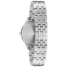 Elevate your style with the elegant ladies' Bulova watch, boasting a stainless steel bracelet, sparkling crystal hour markers, and a crystal-set bezel on a stunning silver dial. With its precise quartz movement, durable mineral crystal, and 30M water resistance, it's the perfect blend of fashion and function. Citizen has pioneered watchmaking for over 100 years, achieving excellence through innovation, creativity and craftsmanship. Guided by these cornerstones, they developed Eco-Drive™ technology which powers timepieces by converting light (any light) into energy, eliminating the need for batteries. | Ladies' Bulova Watch | Stainless Steel | White/Silver | Helzberg Diamonds Modern Silver Stainless Steel Diamond Watch, Silver Metal Diamond Watch With Round Dial, Modern Silver Diamond Watch For Anniversary, Classic Silver Diamond Watch With Stainless Steel, Classic Silver Stainless Steel Diamond Watch, Formal Silver Diamond Watch In Stainless Steel, Silver Stainless Steel Diamond Watch With Metal Dial, Silver Stainless Steel Watches With Diamond Hour Markers, Silver Stainless Steel Diamond Watch With Round Dial