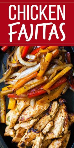 chicken fajitas with peppers and onions in a skillet on a red background