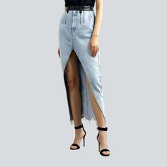 Take a walk on the wild side with our 20th-century-inspired. long women's jeans skirt from our 2023 Spring-Summer Collection! With a light wash. high-rise design. and zipper & button closure. this timeless piece is perfect for showcasing your vogue-forward edge and ageless trend.Why You'll Love This SkirtAchieve effortless elegance with this conventional denim skirt. Featuring a light wash and high waist. this piece perfectly blends unique vintage allure with vogue-day sophistication. Whether yo Fitted Five Pocket Denim Skirt For Summer, Summer Fitted Denim Skirt With Five Pockets, Fitted Denim Skirt With Five Pockets For Summer, Summer Full-length Skirt With Frayed Hem, Summer Full Length Skirt With Frayed Hem, High Rise Fitted Denim Skirt With Five Pockets, Fitted High-rise Denim Skirt With Five Pockets, Spring Denim Blue Skirt With Five Pockets, Summer Straight Leg Denim Skirt With Five Pockets