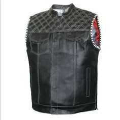 Perforated Leather. Club Vest With Concealed Pockets. Eagle Inside Liner. Snap With Zipper Closure. Two Chest And Two Waist Pockets. Single Panel Back To Ensure More Patches Can Be Sown. American Cut And Made To Us Standard Sizes. Black Biker Outerwear With Rhinestone Rivets, Black Biker Jacket With Rhinestone Rivets For Winter, Black Leather Jacket With Rivets For Biker Events, Black Leather Jacket With Rhinestone Rivets For Winter, Black Biker Jacket With Rhinestone Rivets For Fall, Fitted Black Leather Jacket With Rivets, Black Leather Biker Jacket With Rivets, Black Biker Jacket With Snap Buttons, Black Leather Jacket With Rivets For Spring