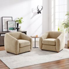 two chairs sitting on top of a rug in front of a wall mounted deer head