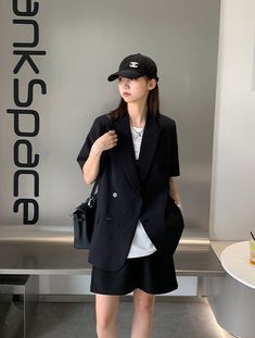 Size (CM) Dress Length Chest Sleeve S 67 106 27.5 M 68 110 28 L 69 114 28.5 Model is 158cm 45kg wears size S Summer Business Outerwear With Suit Collar, Business Outerwear With Suit Collar For Summer, Spring Black Single Breasted Suits, Summer Business Outerwear With Lapel Collar, Lapel Collar Summer Outerwear For Business, Casual Black Office Suits, Casual Black Suits For Office, Single Button Summer Outerwear With Suit Collar, Single Button Outerwear With Suit Collar For Summer