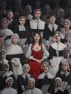 a painting of many people standing in front of one another